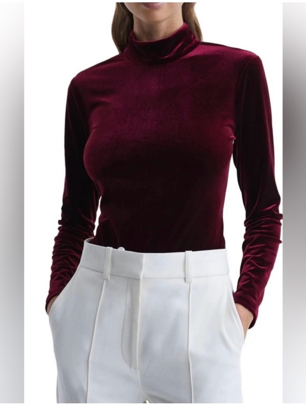 Reiss Connie Burgundy Velvet Mock Neck Long-Sleeve Top